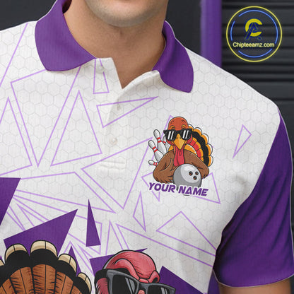 White And Purple Custom Funny Turkey Bowling Men Shirt, Bowling League Team Shirt IPHW10806