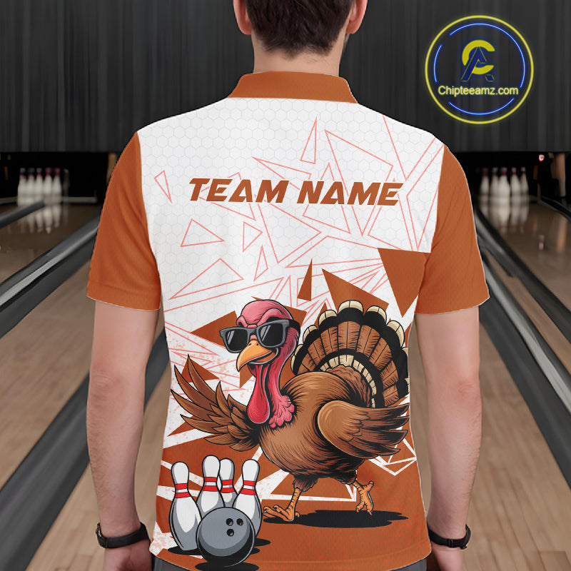 White And Orange Custom Funny Turkey Bowling Men Shirt, Bowling League Team Shirt IPHW10807
