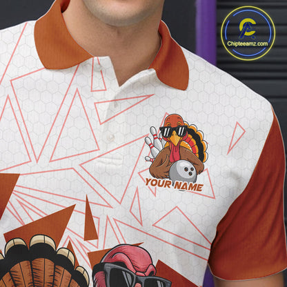 White And Orange Custom Funny Turkey Bowling Men Shirt, Bowling League Team Shirt IPHW10807