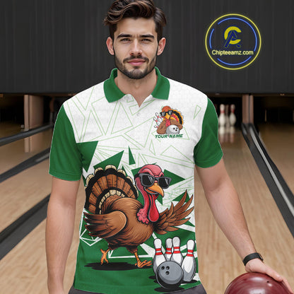 White And Green Custom Funny Turkey Bowling Men Shirt, Bowling League Team Shirt IPHW10808