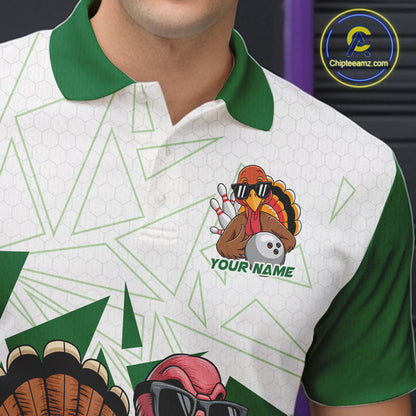 White And Green Custom Funny Turkey Bowling Men Shirt, Bowling League Team Shirt IPHW10808