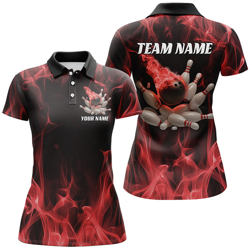 Red Fire Bowling Ball And Pins Custom Shirts For Women, Flame Bowling Team Jerseys IPHW6701