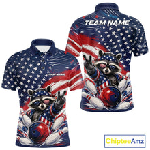 Load image into Gallery viewer, Front and back views of a men's bowling polo shirt mockup featuring a patriotic raccoon flashing a peace sign as a red, white, and blue bowling ball crashes through falling pins with a flowing American flag backdrop.