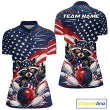 Load image into Gallery viewer, Front and back views of a women's bowling quarter-zip shirt mockup featuring a patriotic raccoon flashing a peace sign as a red, white, and blue bowling ball crashes through falling pins with a flowing American flag backdrop.