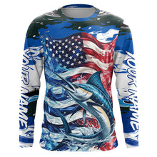 Load image into Gallery viewer, Marlin Fishing Custom Long Sleeve Fishing Shirts, American Flag Patriotic Marlin Fishing Shirt IPHW7024