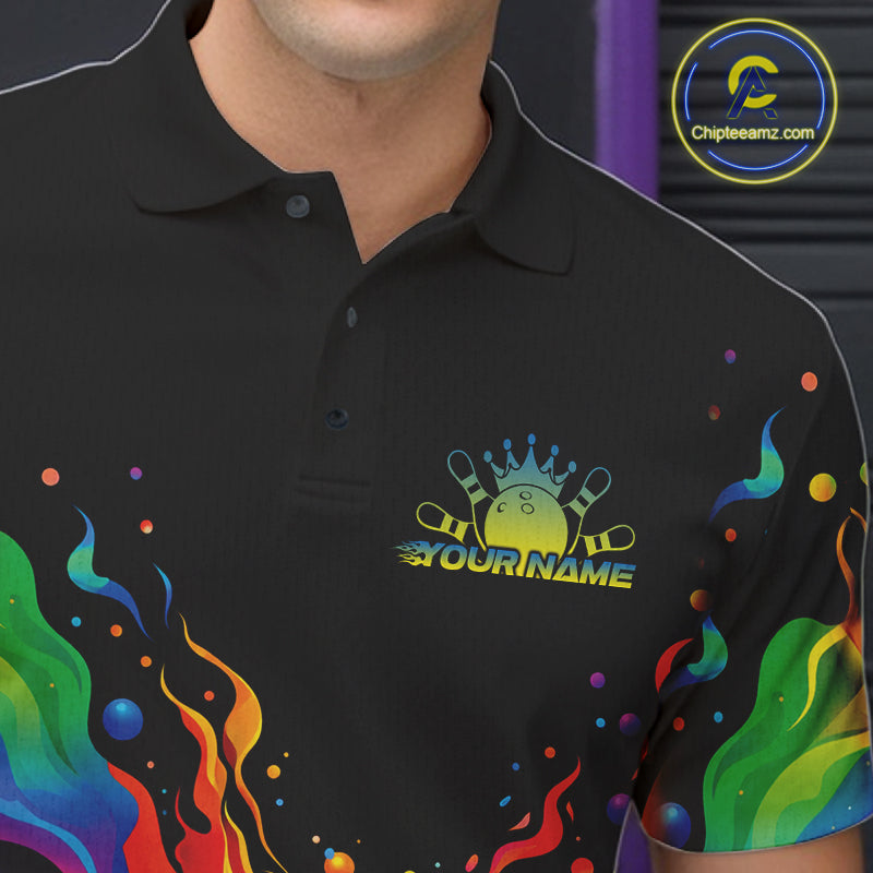 Custom Colorful Rainbow Colors Flame Bowling Men Polo Shirt, Bowling Tournament Shirt IPHW10307