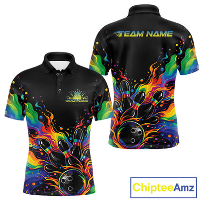 Custom Colorful Rainbow Colors Flame Bowling Men Polo Shirt, Bowling Tournament Shirt IPHW10307