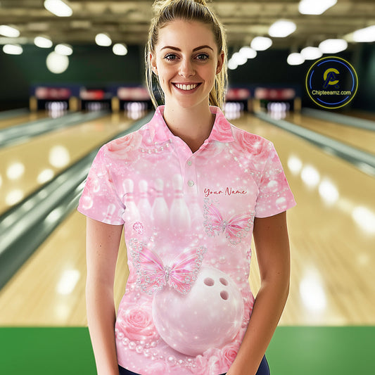 Custom Elegant Roses And Butterfly Women Bowling Polo Shirts, Ladies Bowling Shirt IPHW10312