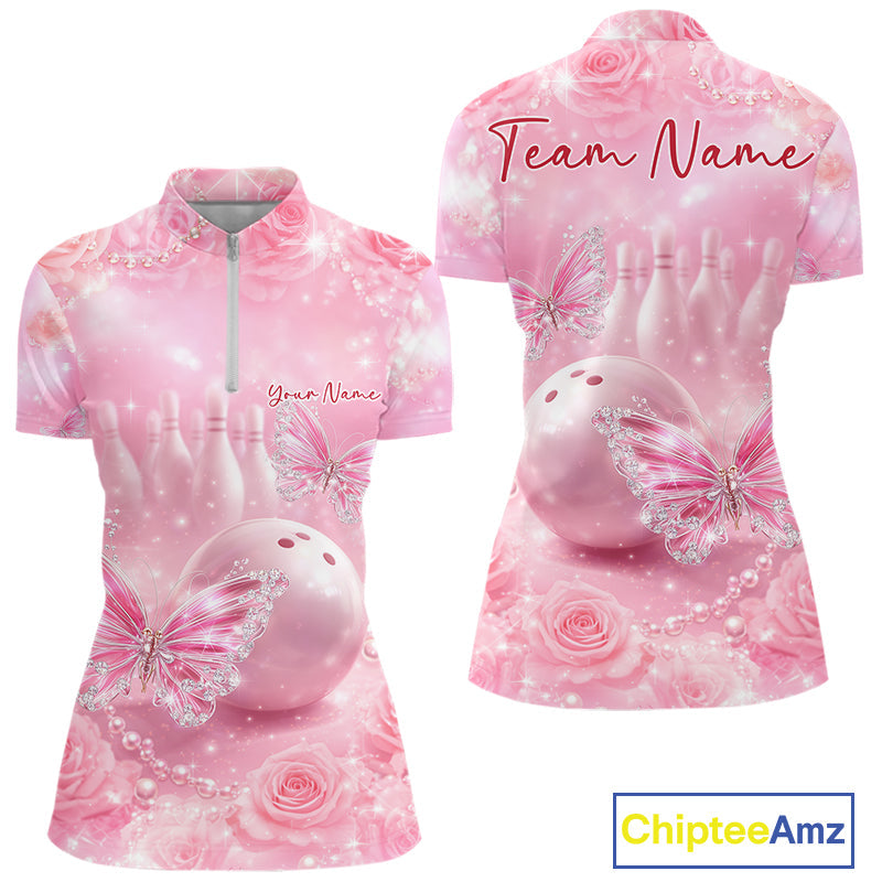 Custom Elegant Roses And Butterfly Women Bowling Quarter-Zip Shirt, Ladies Bowling Shirt IPHW10313