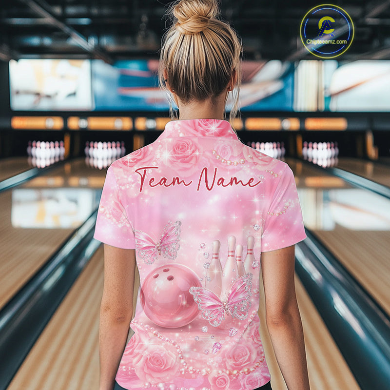 Custom Elegant Roses And Butterfly Women Bowling Polo Shirts, Ladies Bowling Shirt IPHW10314