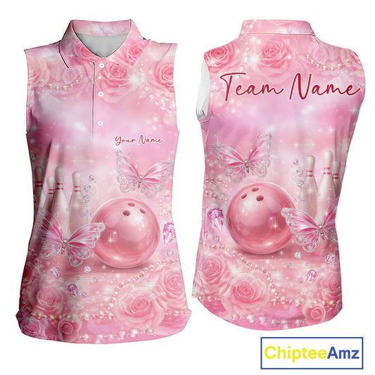 Custom Elegant Roses And Butterfly Women Bowling Sleeveless Polo Shirts, Ladies Bowling Shirt IPHW10314