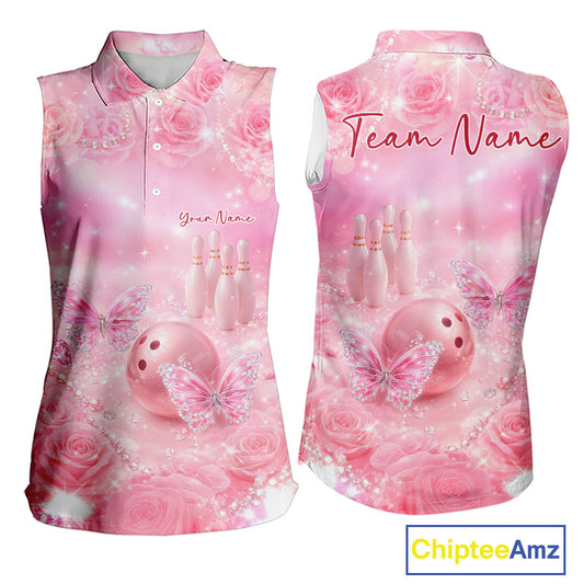 Custom Elegant Roses And Butterfly Women Bowling Sleeveless Polo Shirts, Ladies Bowling Shirt IPHW10315