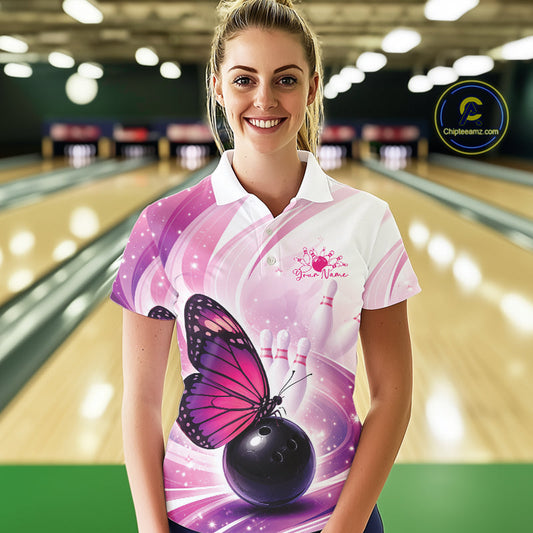 Custom Pink And Purple Butterfly Bowling Team Women Polo Shirt, Ladies Bowling Shirt IPHW10311