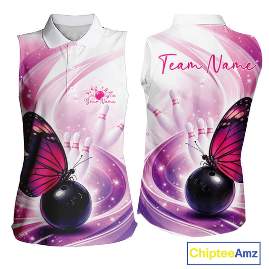 Custom Pink And Purple Butterfly Bowling Team Women Sleeveless Polo Shirt, Ladies Bowling Shirt IPHW10311