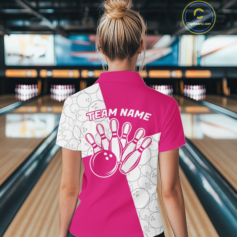 Custom White And Pink Retro Style Bowling Team Shirts For Women, Bowling Jerseys IPHW10603