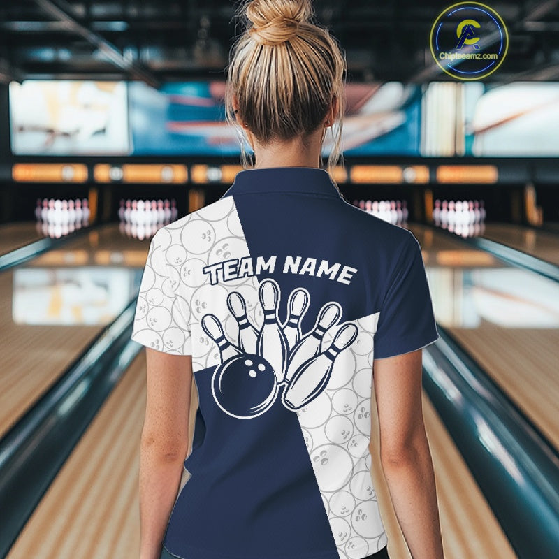 Custom White And Blue Retro Style Bowling Team Shirts For Women, Bowling Jerseys IPHW10605