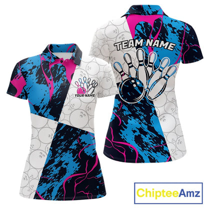 Custom Blue And Pink Camo Bowling Team Shirts For Women, Camouflage Bowler Outfit IPHW10606