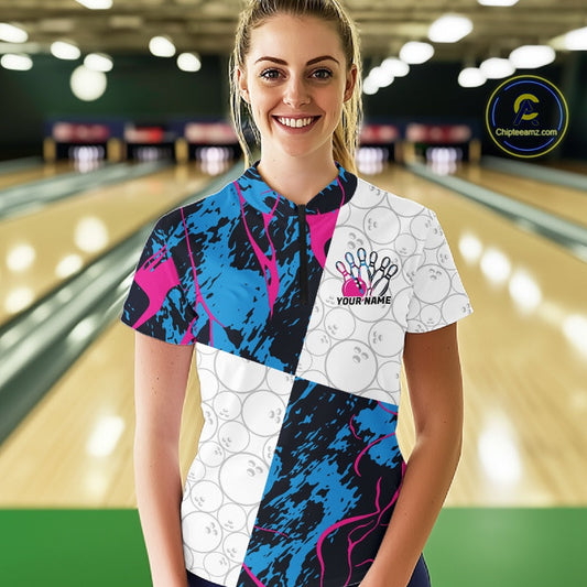 Custom Blue And Pink Camo Bowling Team Shirts For Women, Camouflage Bowler Outfit IPHW10606