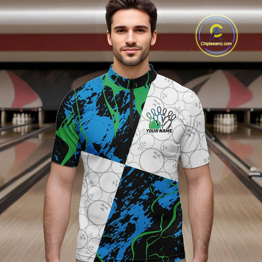 Custom Blue And Green Camo Bowling Team Shirts For Men And Women, Camouflage Bowler Outfit IPHW10607