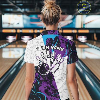 Custom Blue And Purple Camo Bowling Team Shirt For Women, Camouflage Bowler Outfit IPHW10608