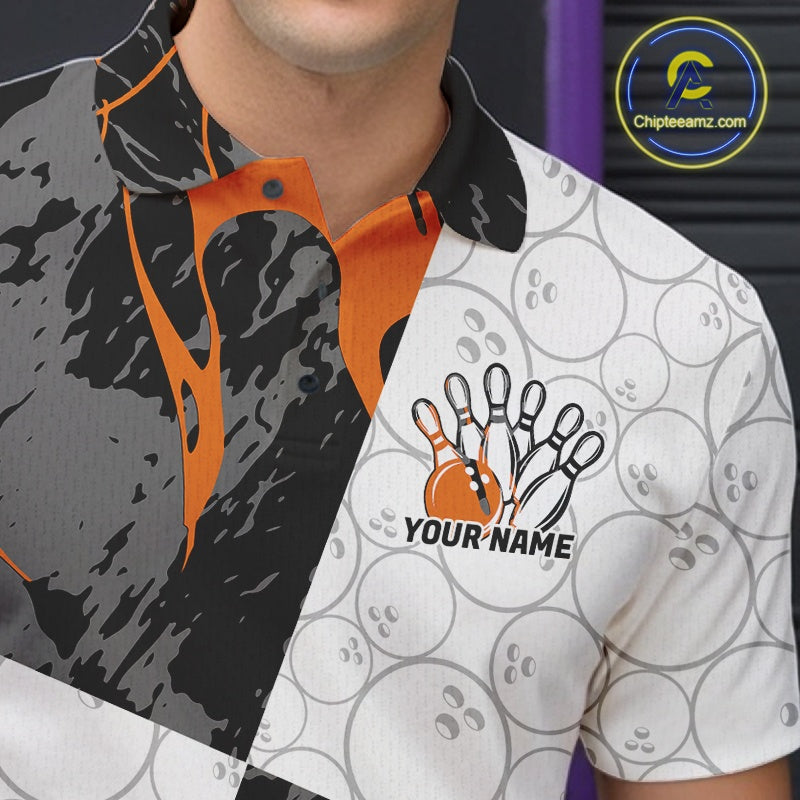 Custom Blue And Orange Camo Bowling Team Shirt For Men And Women, Camouflage Bowler Outfit IPHW10609
