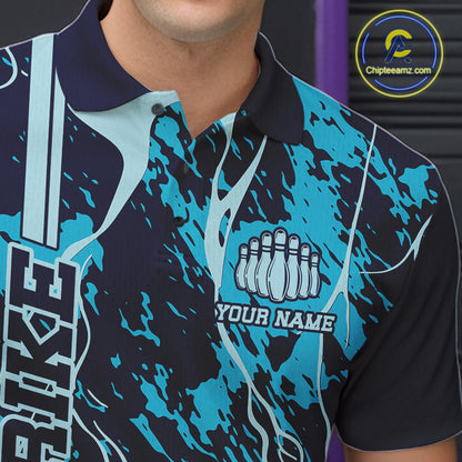 Custom Navy And Cyan Blue Camo Strike Bowling Shirt Men Bowling Team Jersey Bowling League IPHW10612