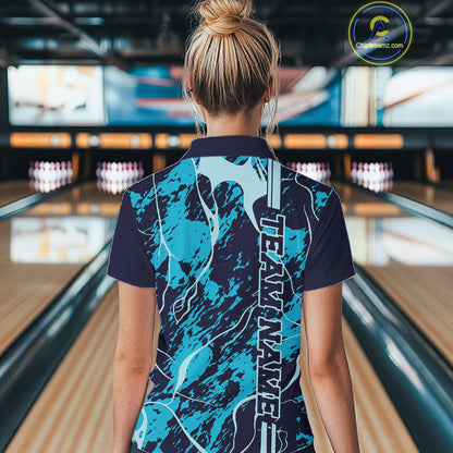 Custom Navy And Cyan Blue Camo Strike Bowling Shirt Women Bowling Team Jersey Bowling League IPHW10612