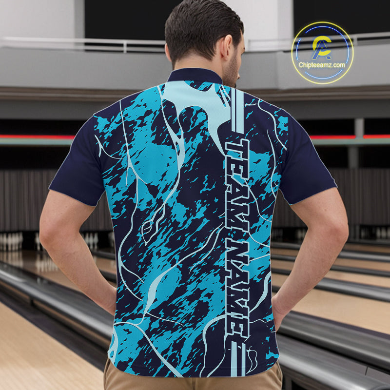 Custom Navy And Cyan Blue Camo Strike Bowling Shirt Men Bowling Team Jersey Bowling League IPHW10612