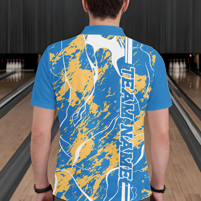 Custom Azure Blue And Yellow Camo Strike Bowling Shirt, Men Bowling League Team Jerseys IPHW10615