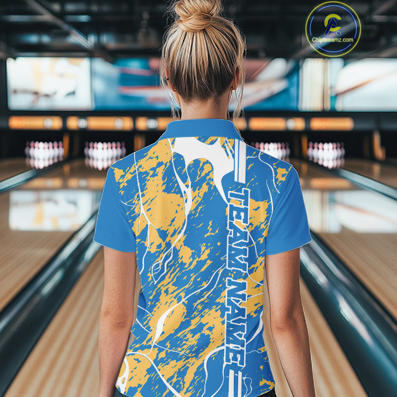 Custom Azure Blue And Yellow Camo Strike Bowling Shirt, Women Bowling League Team Jerseys IPHW10615