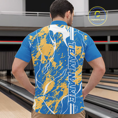 Custom Azure Blue And Yellow Camo Strike Bowling Shirt, Men Bowling League Team Jerseys IPHW10615