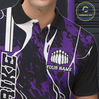 Custom Purple Camo Strike Bowling Shirts For Men, Bowling League Team Jerseys IPHW10616