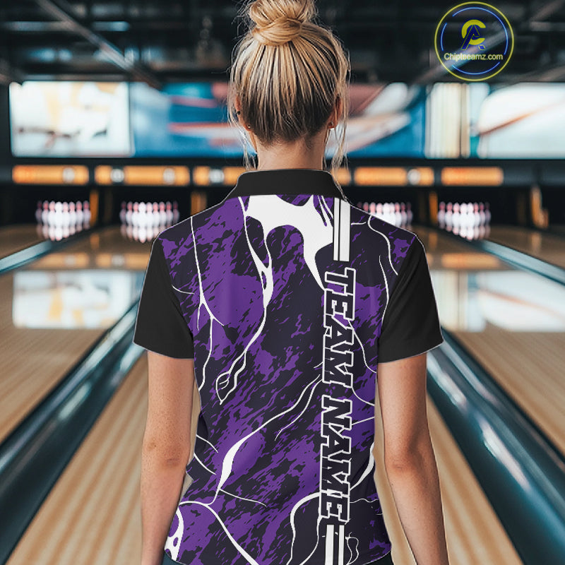 Custom Purple Camo Strike Bowling Shirts For Women, Bowling League Team Jerseys IPHW10616