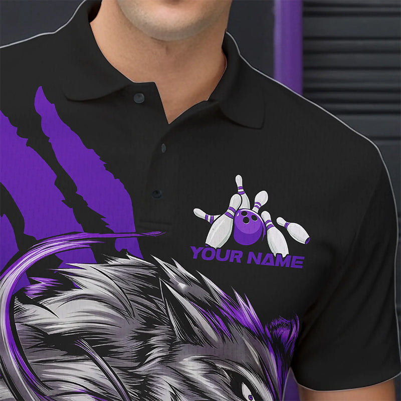 Custom Black And Purple Wolf Bowling Men Polo Shirts, Wolf Scratch Bowling Team League Shirt IPHW8721