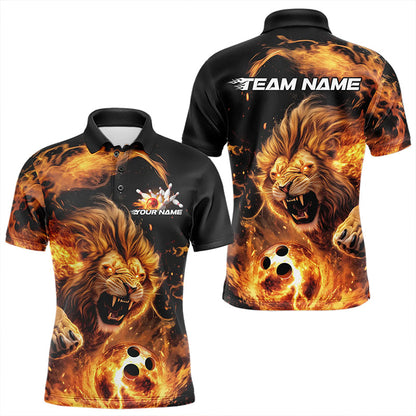 Custom Fire Flame Lion Bowling Team Men Polo Shirts, Lion Bowling League Shirt IPHW8976