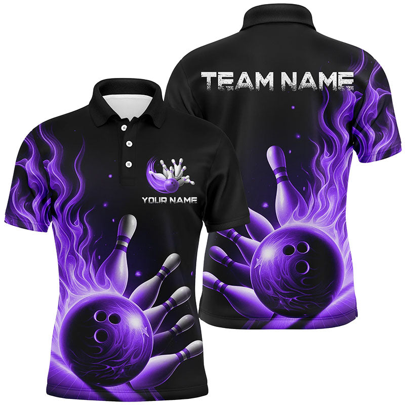 Personalized Purple Flame Bowling Polo Shirts For Men Bowling Team Jerseys Strike Bowling IPHW7292