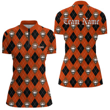 Load image into Gallery viewer, Black And Orange Argyle Pattern Custom Skull Ladies Bowling Shirt, Halloween Outfit Bowling IPHW7300