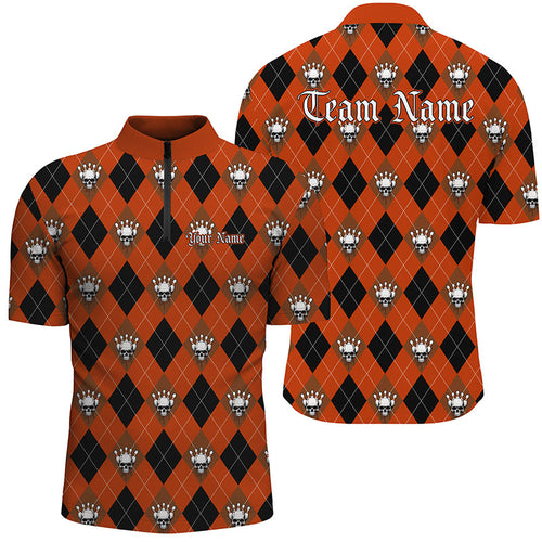 Black And Orange Argyle Pattern Custom Skull Bowling Shirts For Men, Halloween Outfit Bowling IPHW7300