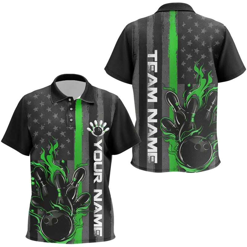 Green Line American Flag Custom Patriotic Flame Bowling Kid Polo Shirts, Support Bowling Shirt IPHW7595