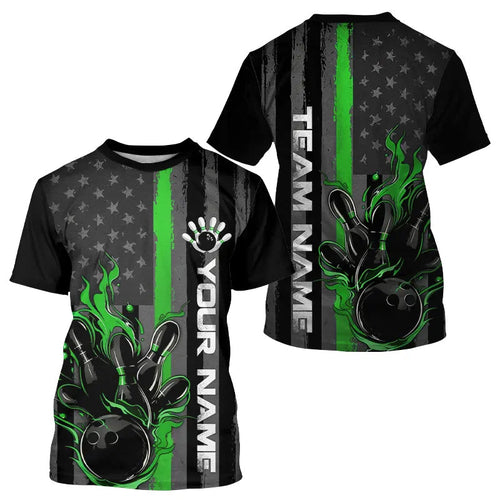 Green Line American Flag Custom Patriotic Flame Bowling Men T-Shirts Shirts, Support Bowling IPHW7595
