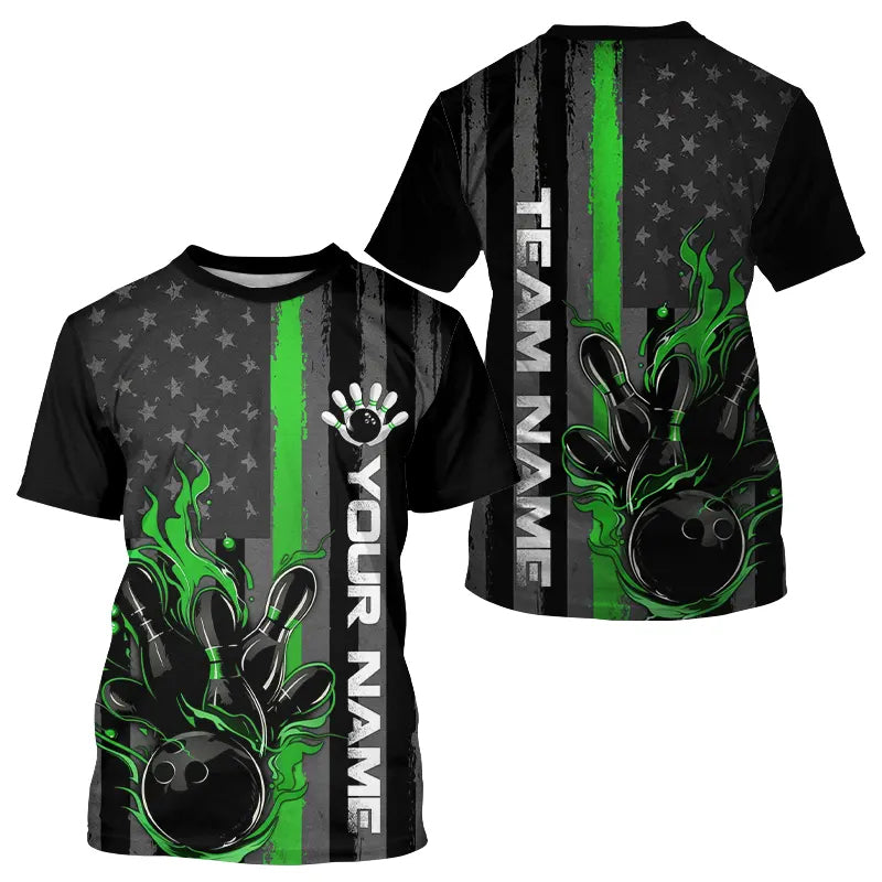 Green Line American Flag Custom Patriotic Flame Bowling Men T-Shirts Shirts, Support Bowling IPHW7595