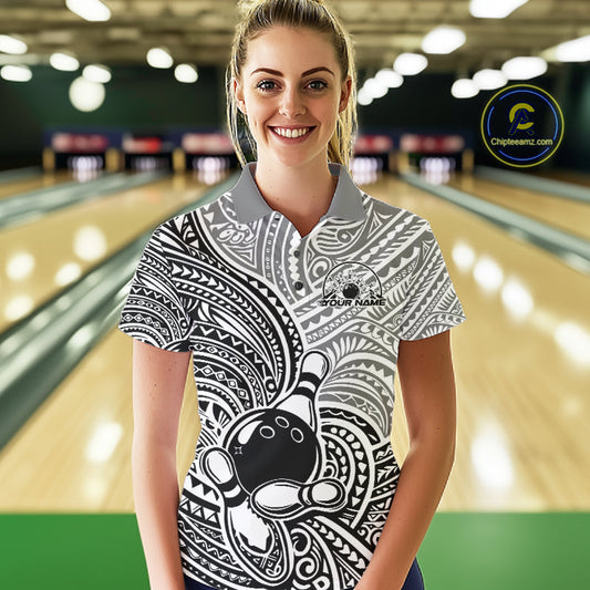 Custom Black And White Traditional Samoan Tribal Polynesian Pattern Bowling Women Shirt IPHW10323
