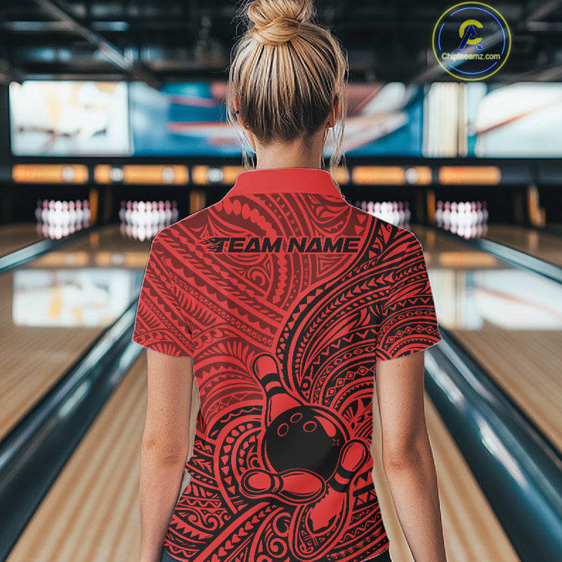 Custom Black And Red Traditional Samoan Tribal Polynesian Pattern Bowling Women Shirt IPHW10325