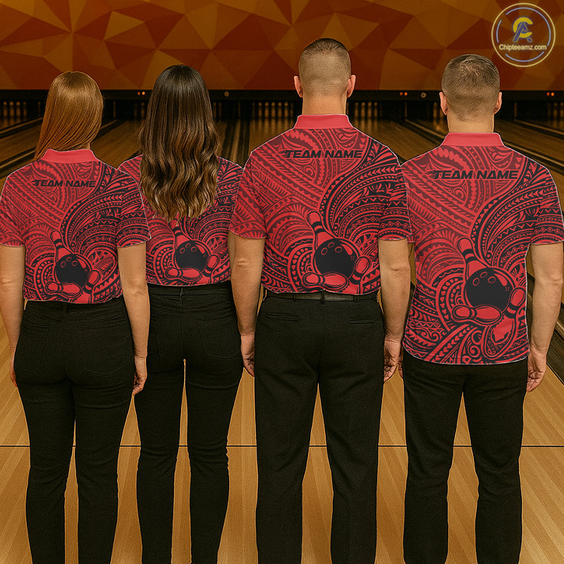 Custom Black And Red Traditional Samoan Tribal Polynesian Pattern Bowling Men Shirt IPHW10325
