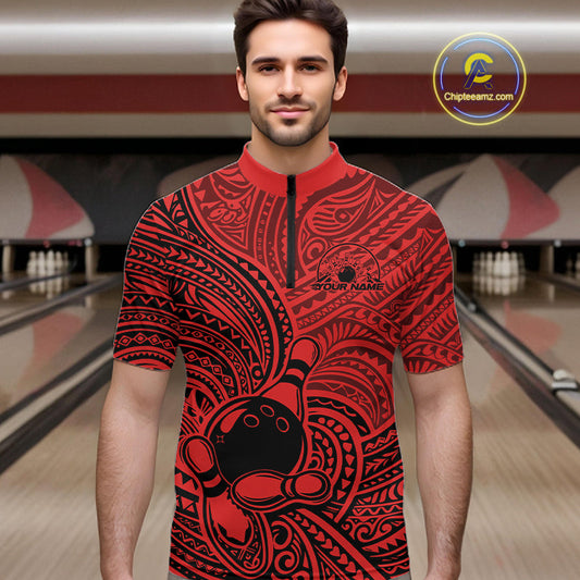 Custom Black And Red Traditional Samoan Tribal Polynesian Pattern Bowling Men Shirt IPHW10325