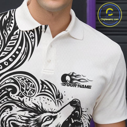 Custom Black And White Tribal Pattern Maori Style Wolf Bowling Team Men Polo Shirts IPHW10330