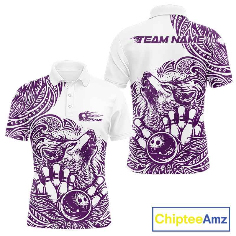 Custom Purple Tribal Pattern Maori Style Wolf Bowling Team Men Polo Shirts IPHW10331