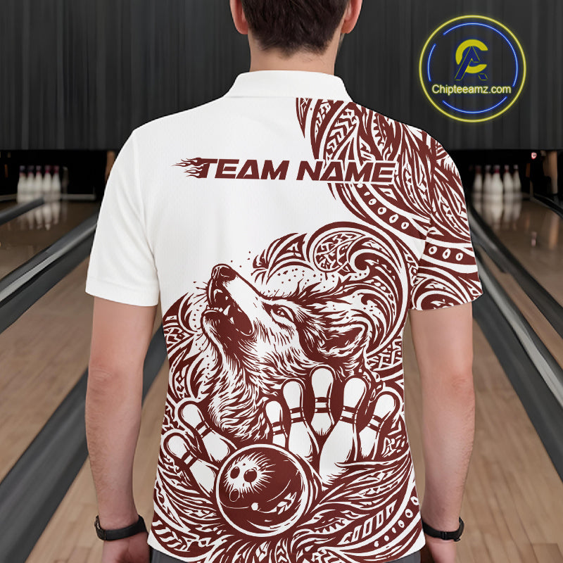 Custom Burgundy Tribal Pattern Maori Style Wolf Bowling Team Men Polo Shirts IPHW10332