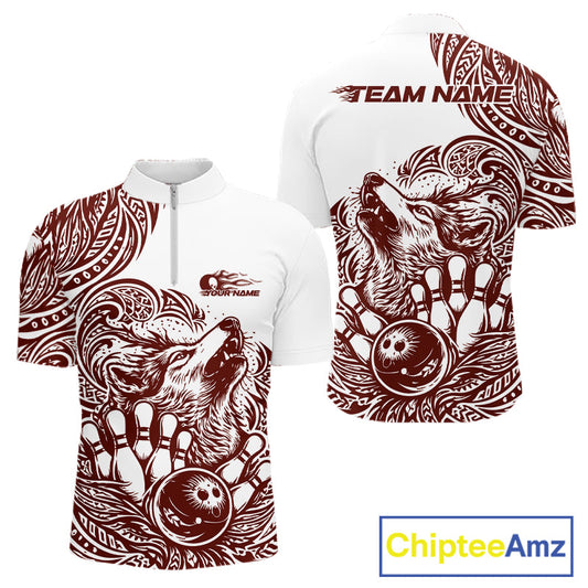 Custom Burgundy Tribal Pattern Maori Style Wolf Bowling Team Men Quarter-Zip Shirts IPHW10332