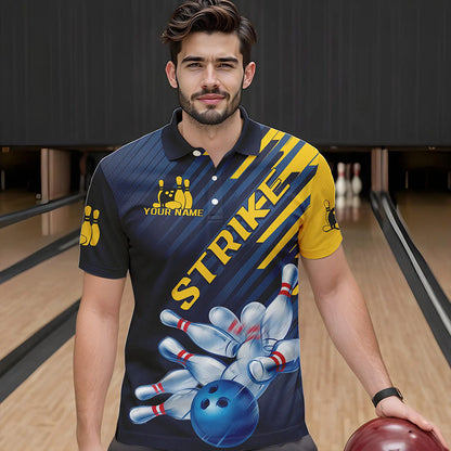 Custom Blue And Yellow Bowling Jerseys, Bowling Team Polo Shirts For Men Bowling Tournament IPHW8530